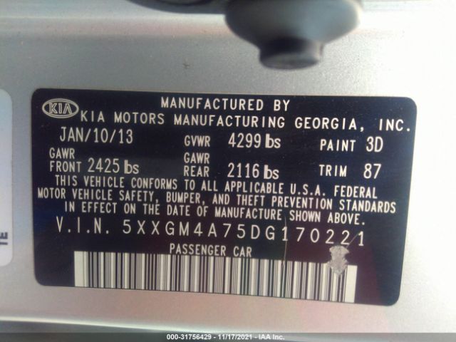 Photo 8 VIN: 5XXGM4A75DG170221 - KIA OPTIMA 