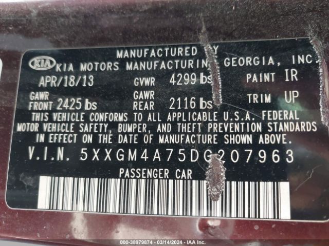 Photo 8 VIN: 5XXGM4A75DG207963 - KIA OPTIMA 