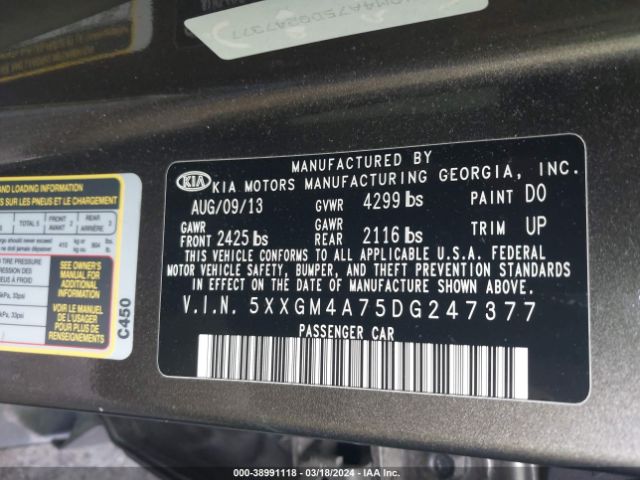 Photo 8 VIN: 5XXGM4A75DG247377 - KIA OPTIMA 