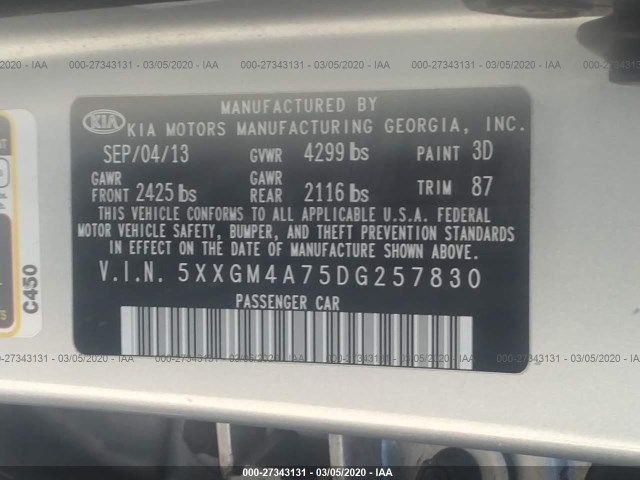 Photo 8 VIN: 5XXGM4A75DG257830 - KIA OPTIMA 