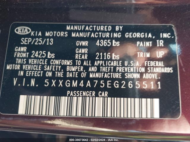 Photo 8 VIN: 5XXGM4A75EG265511 - KIA OPTIMA 