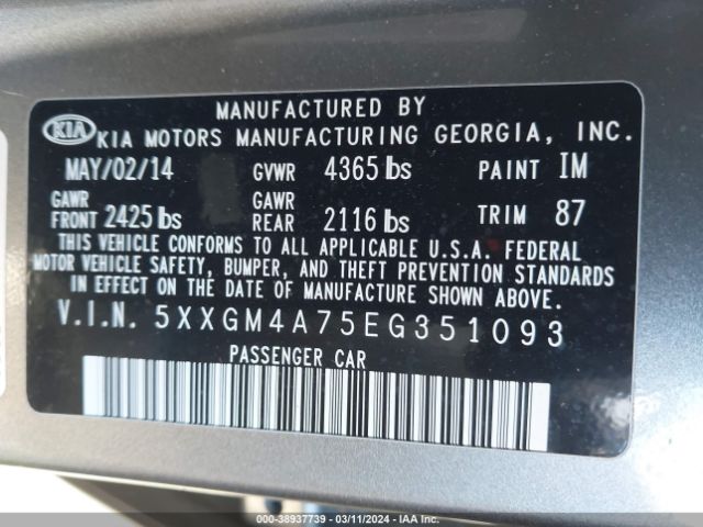 Photo 8 VIN: 5XXGM4A75EG351093 - KIA OPTIMA 