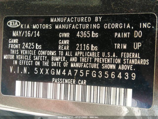 Photo 8 VIN: 5XXGM4A75FG356439 - KIA OPTIMA 