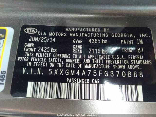 Photo 8 VIN: 5XXGM4A75FG370888 - KIA OPTIMA 