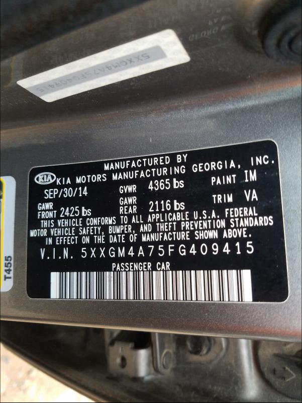 Photo 9 VIN: 5XXGM4A75FG409415 - KIA OPTIMA LX 