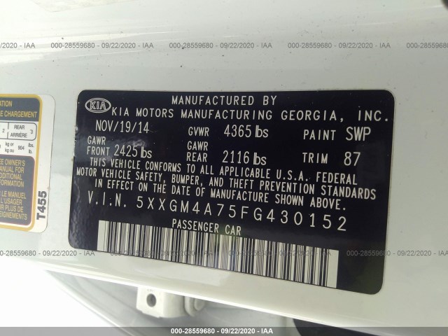 Photo 8 VIN: 5XXGM4A75FG430152 - KIA OPTIMA 