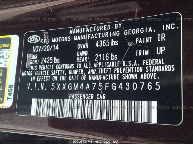 Photo 8 VIN: 5XXGM4A75FG430765 - KIA OPTIMA 