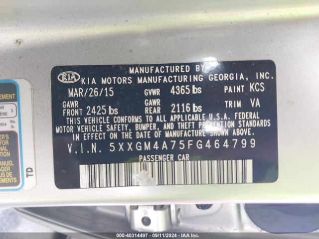 Photo 8 VIN: 5XXGM4A75FG464799 - KIA OPTIMA 