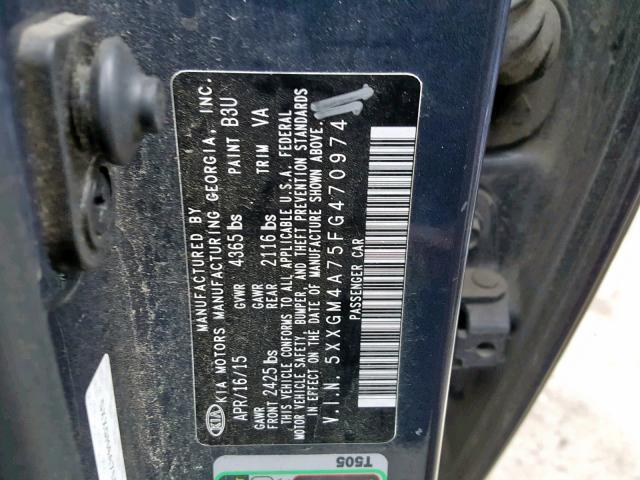 Photo 9 VIN: 5XXGM4A75FG470974 - KIA OPTIMA LX 