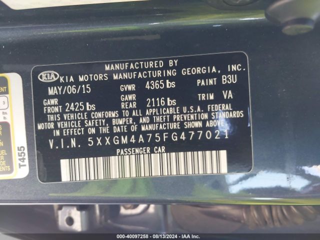 Photo 8 VIN: 5XXGM4A75FG477021 - KIA OPTIMA 