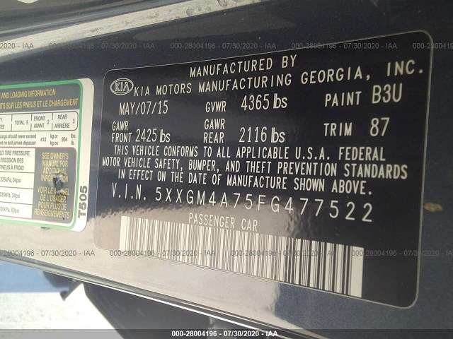 Photo 8 VIN: 5XXGM4A75FG477522 - KIA OPTIMA 