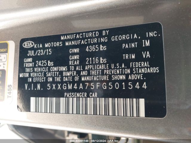 Photo 8 VIN: 5XXGM4A75FG501544 - KIA OPTIMA 