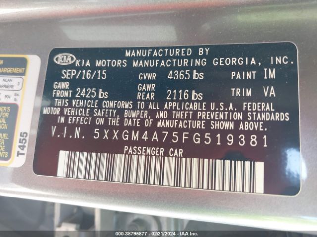 Photo 8 VIN: 5XXGM4A75FG519381 - KIA OPTIMA 