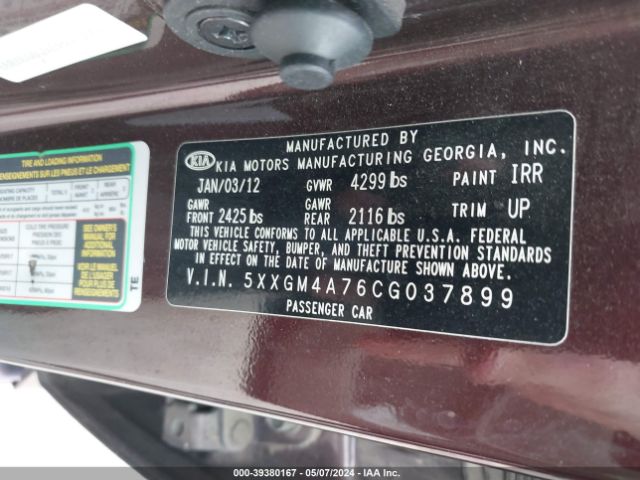 Photo 8 VIN: 5XXGM4A76CG037899 - KIA OPTIMA 