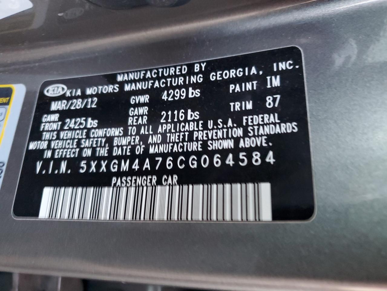 Photo 11 VIN: 5XXGM4A76CG064584 - KIA OPTIMA 