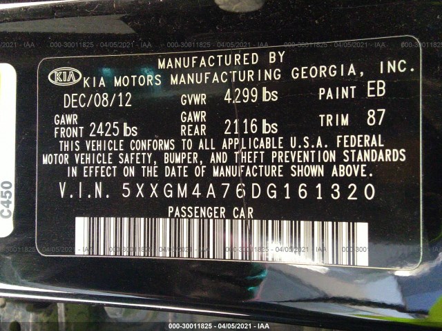 Photo 8 VIN: 5XXGM4A76DG161320 - KIA OPTIMA 