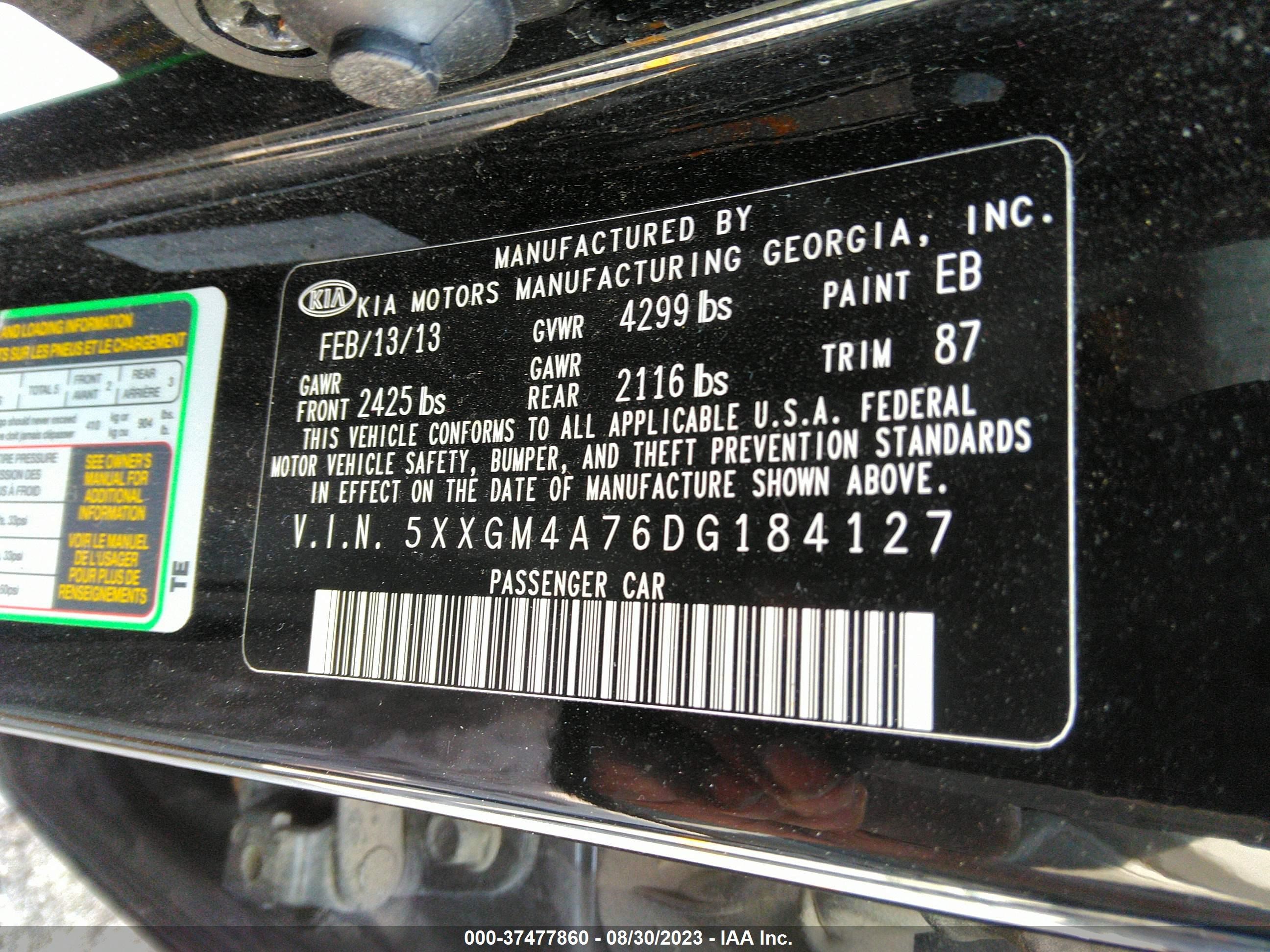 Photo 8 VIN: 5XXGM4A76DG184127 - KIA OPTIMA 