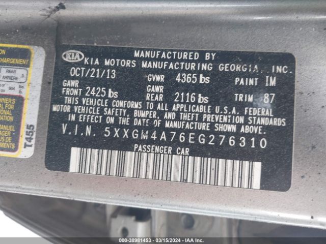 Photo 8 VIN: 5XXGM4A76EG276310 - KIA OPTIMA 