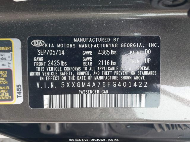 Photo 8 VIN: 5XXGM4A76FG401422 - KIA OPTIMA 