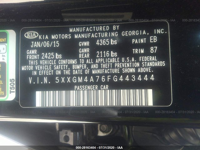 Photo 8 VIN: 5XXGM4A76FG443444 - KIA OPTIMA 