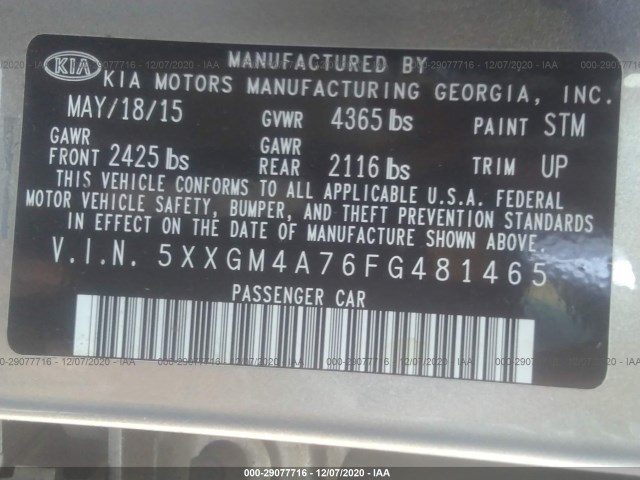 Photo 8 VIN: 5XXGM4A76FG481465 - KIA OPTIMA 