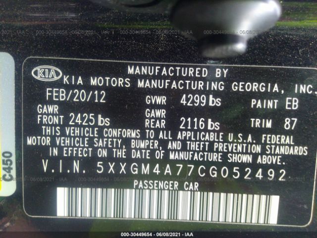 Photo 8 VIN: 5XXGM4A77CG052492 - KIA OPTIMA 