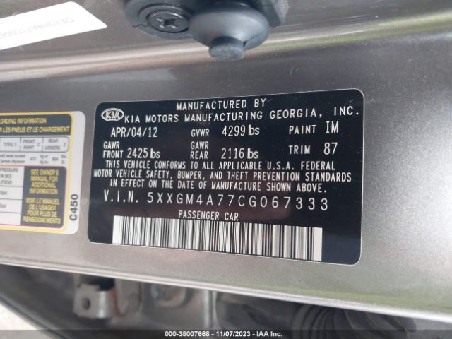 Photo 8 VIN: 5XXGM4A77CG067333 - KIA OPTIMA 