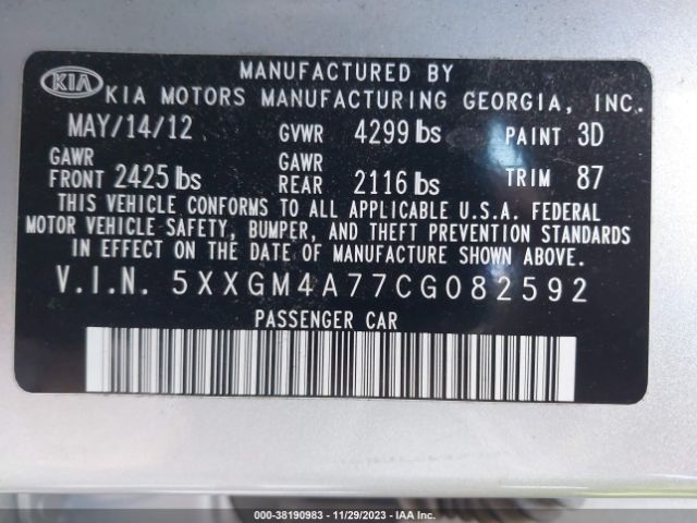 Photo 8 VIN: 5XXGM4A77CG082592 - KIA OPTIMA 