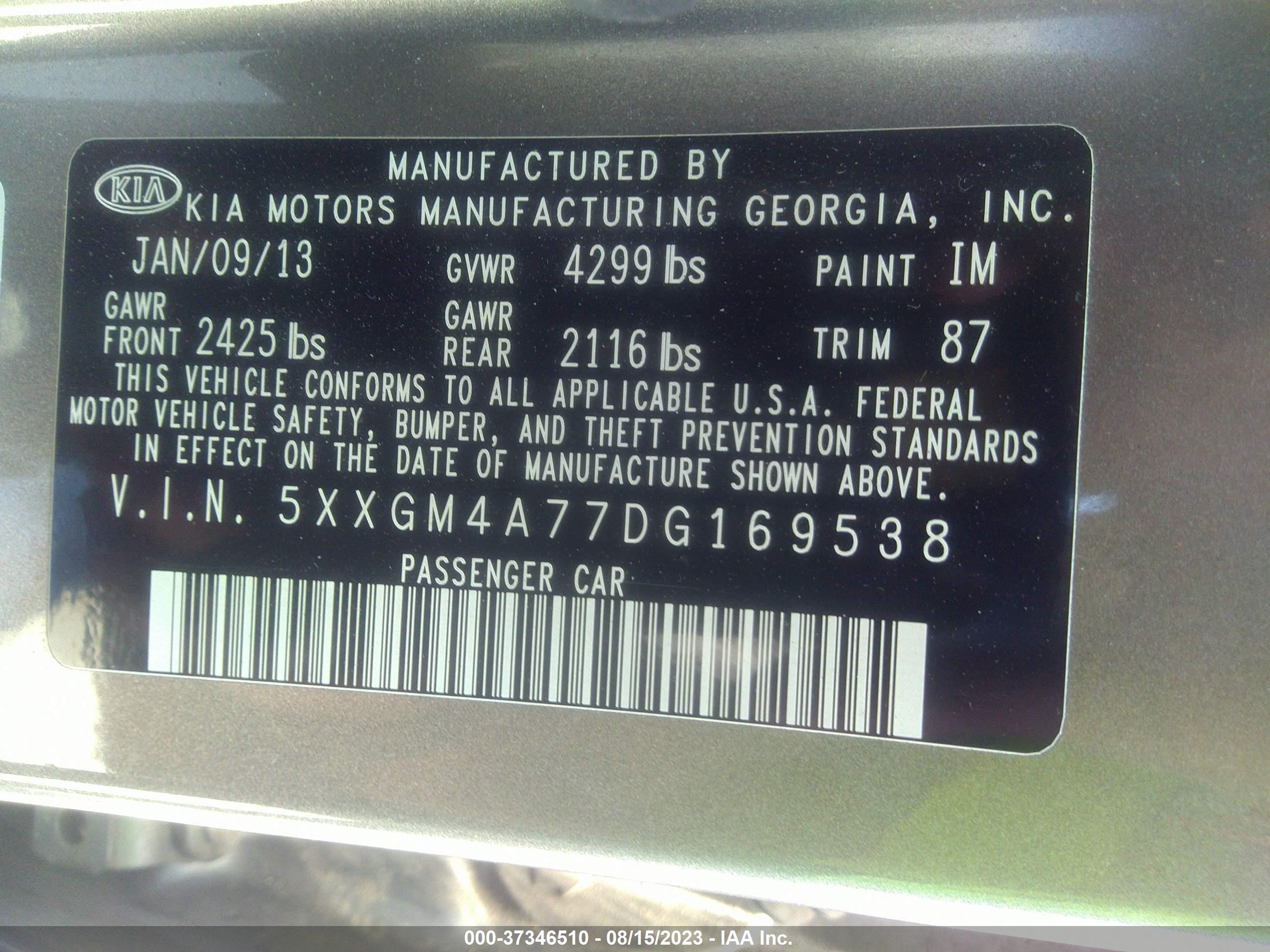 Photo 8 VIN: 5XXGM4A77DG169538 - KIA OPTIMA 