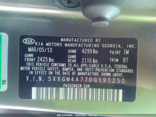 Photo 8 VIN: 5XXGM4A77DG191250 - KIA OPTIMA 