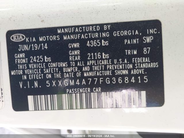 Photo 8 VIN: 5XXGM4A77FG368415 - KIA OPTIMA 