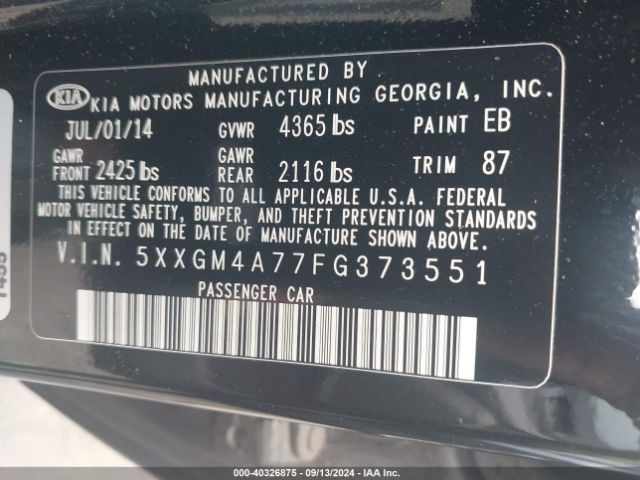 Photo 8 VIN: 5XXGM4A77FG373551 - KIA OPTIMA 