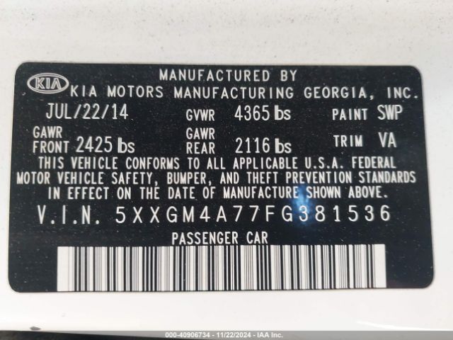 Photo 8 VIN: 5XXGM4A77FG381536 - KIA OPTIMA 