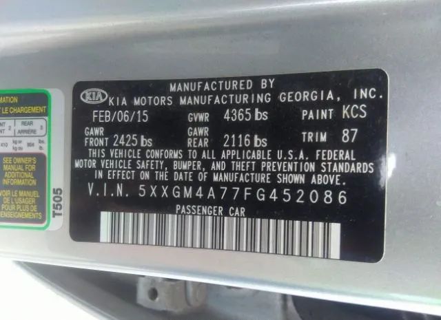 Photo 8 VIN: 5XXGM4A77FG452086 - KIA OPTIMA 