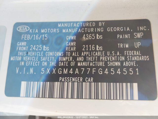 Photo 8 VIN: 5XXGM4A77FG454551 - KIA OPTIMA 