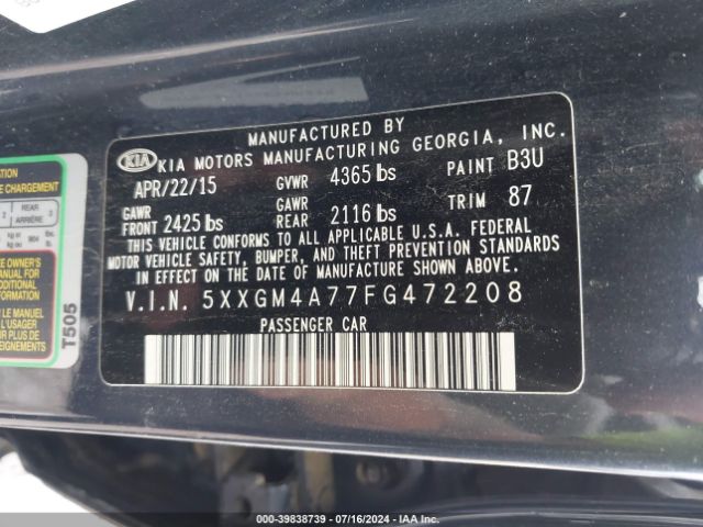 Photo 8 VIN: 5XXGM4A77FG472208 - KIA OPTIMA 