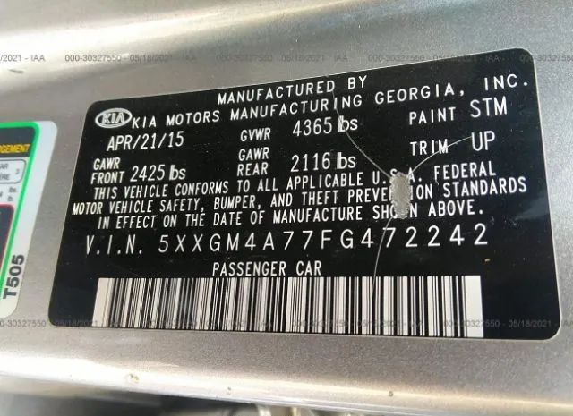 Photo 8 VIN: 5XXGM4A77FG472242 - KIA OPTIMA 