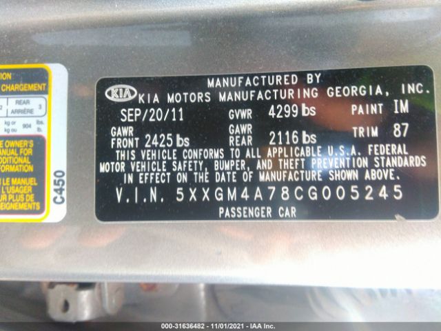 Photo 8 VIN: 5XXGM4A78CG005245 - KIA OPTIMA 