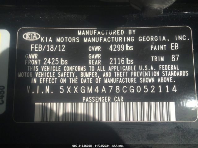 Photo 8 VIN: 5XXGM4A78CG052114 - KIA OPTIMA 