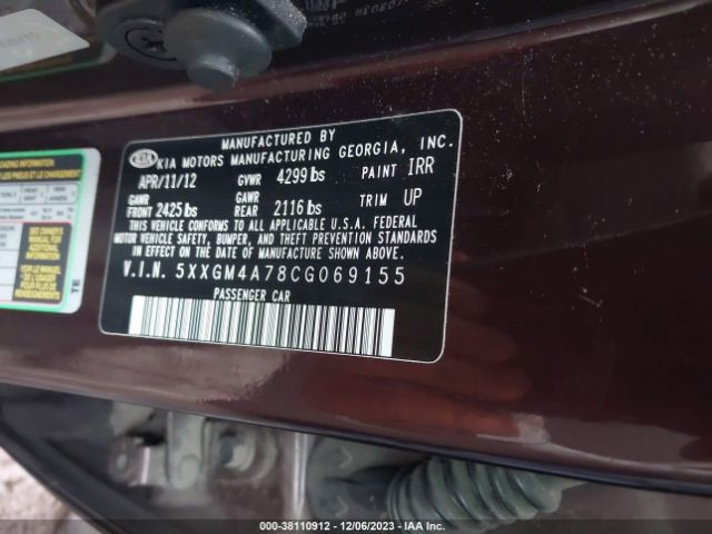 Photo 8 VIN: 5XXGM4A78CG069155 - KIA OPTIMA 