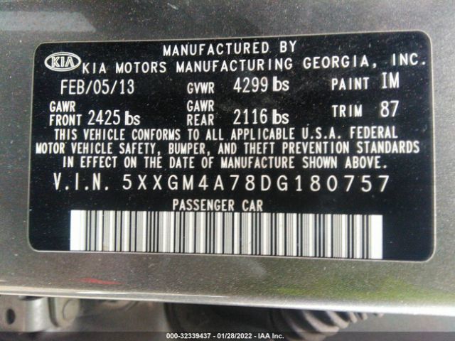 Photo 8 VIN: 5XXGM4A78DG180757 - KIA OPTIMA 