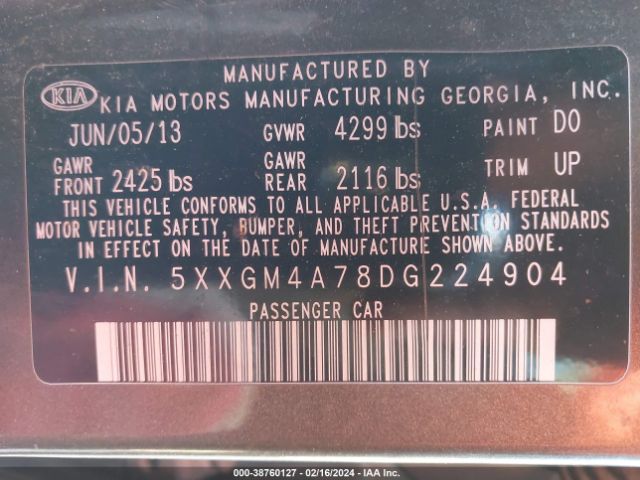 Photo 8 VIN: 5XXGM4A78DG224904 - KIA OPTIMA 