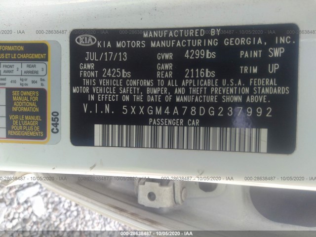 Photo 8 VIN: 5XXGM4A78DG237992 - KIA OPTIMA 