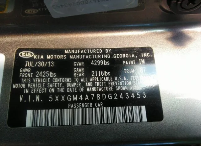 Photo 8 VIN: 5XXGM4A78DG243453 - KIA OPTIMA 