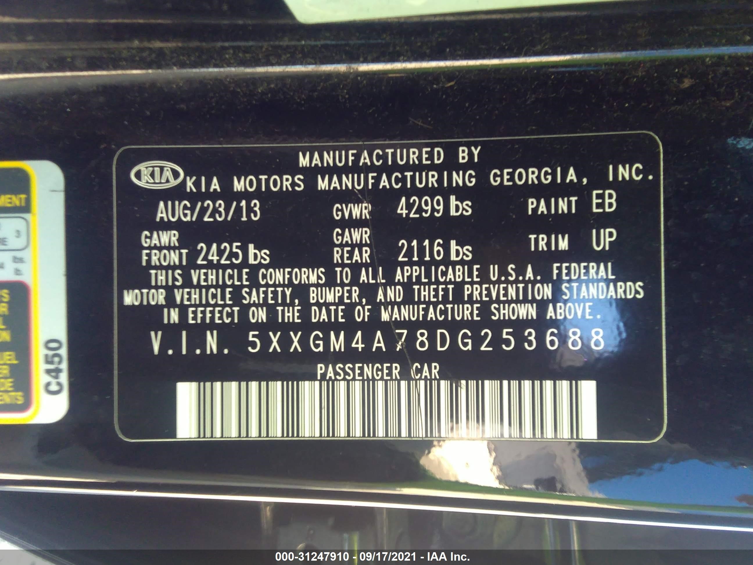 Photo 8 VIN: 5XXGM4A78DG253688 - KIA OPTIMA 