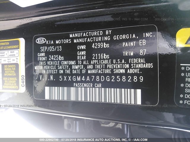 Photo 8 VIN: 5XXGM4A78DG258289 - KIA OPTIMA 