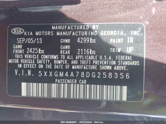 Photo 8 VIN: 5XXGM4A78DG258356 - KIA OPTIMA 