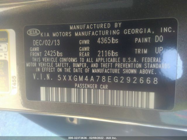 Photo 8 VIN: 5XXGM4A78EG292668 - KIA OPTIMA 