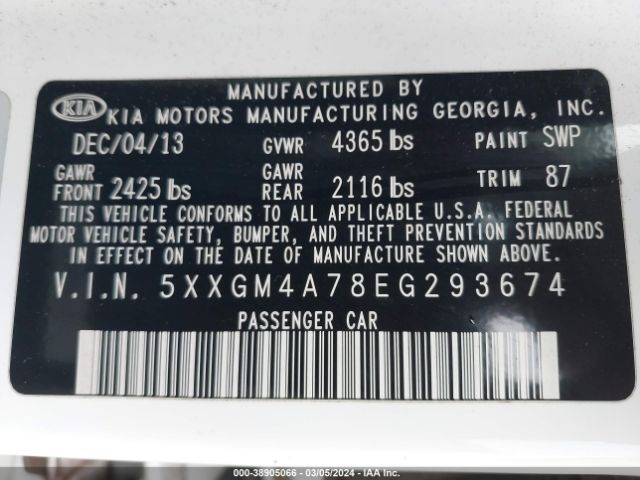 Photo 8 VIN: 5XXGM4A78EG293674 - KIA OPTIMA 