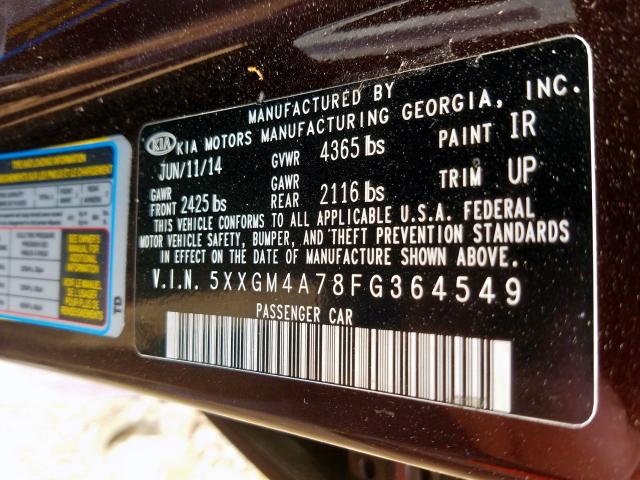 Photo 9 VIN: 5XXGM4A78FG364549 - KIA OPTIMA LX 